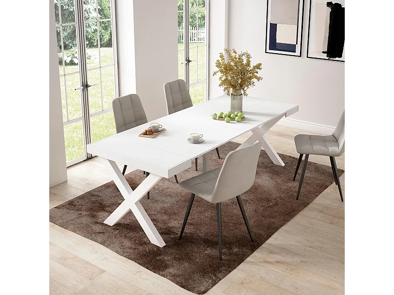 Uitschuifbare Consoletafel, 222x90x73cm, Voor 10 personen, Massief houten poten, Wit