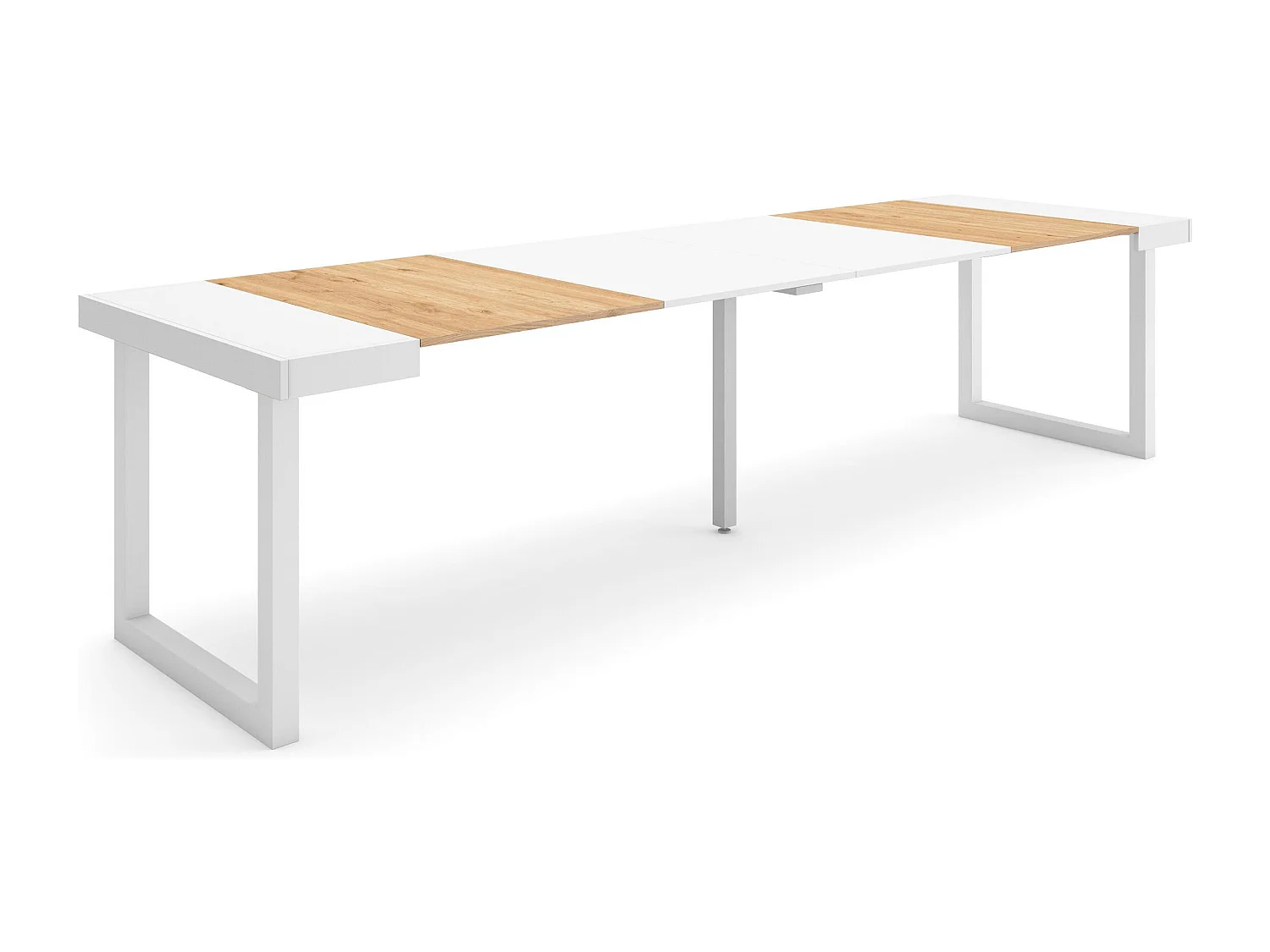 Uitschuifbare Consoletafel, 302x90x73cm, Voor 14 personen, Massief houten poten, Eiken/Wit