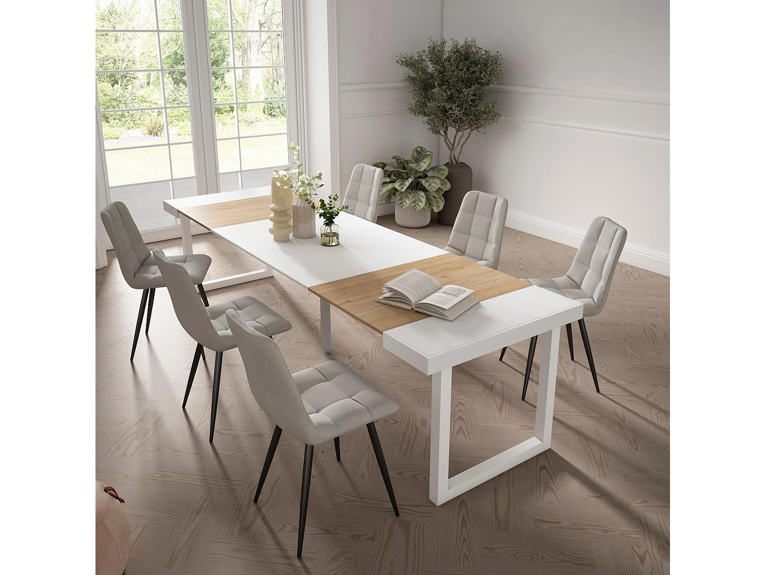 Table console extensible, 302x90x73cm, Pour 14 personnes, Pieds bois massif, Chêne et blanc