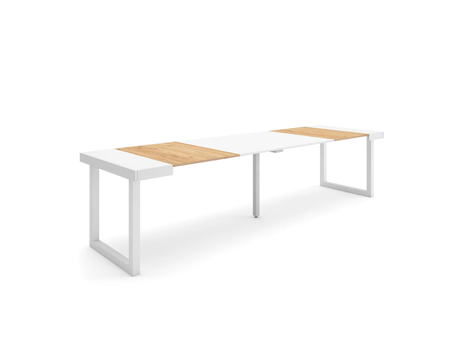 Mesa Consola Extensível, 302x90x73cm, Para 14 pessoas, Pés de madeira, Carvahlo e branco