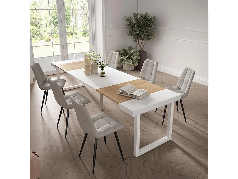 Table console extensible, 302x90x73cm, Pour 14 personnes, Pieds bois massif, Chêne et blanc