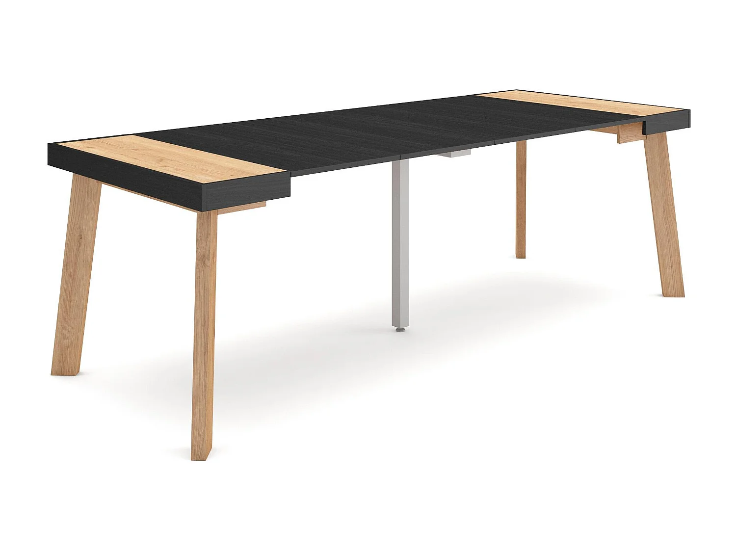 Table console extensible, 222x90x73cm, Pour 10 personnes, Pieds en bois, Chêne et noir