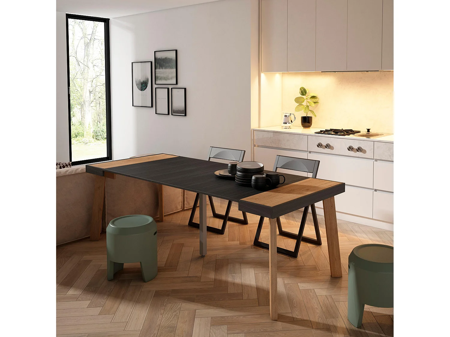 Table console extensible, 222x90x73cm, Pour 10 personnes, Pieds en bois, Chêne et noir