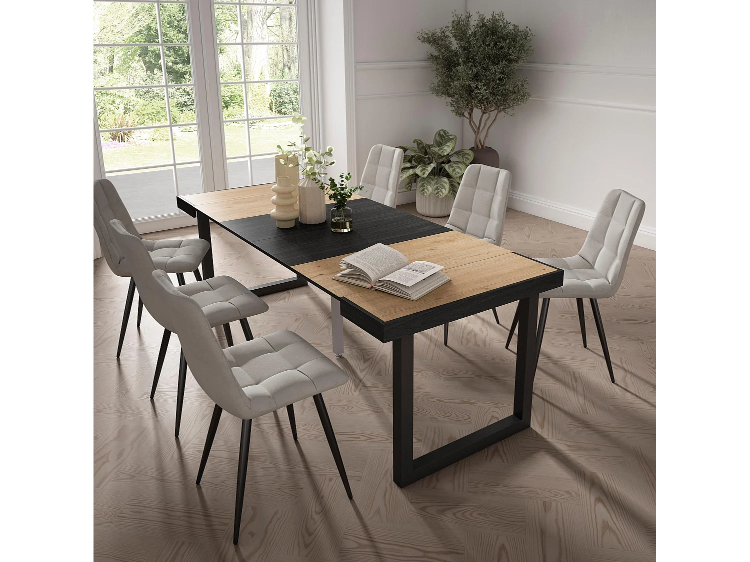 Mesa Consola Extensível, 222x90x73cm, Para 10 pessoas, Pés de madeira, Carvahlo e preto