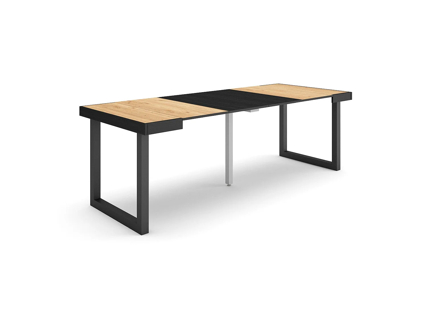 Table console extensible, 222x90x73cm, Pour 10 personnes, Pieds bois massif, Chêne et noir