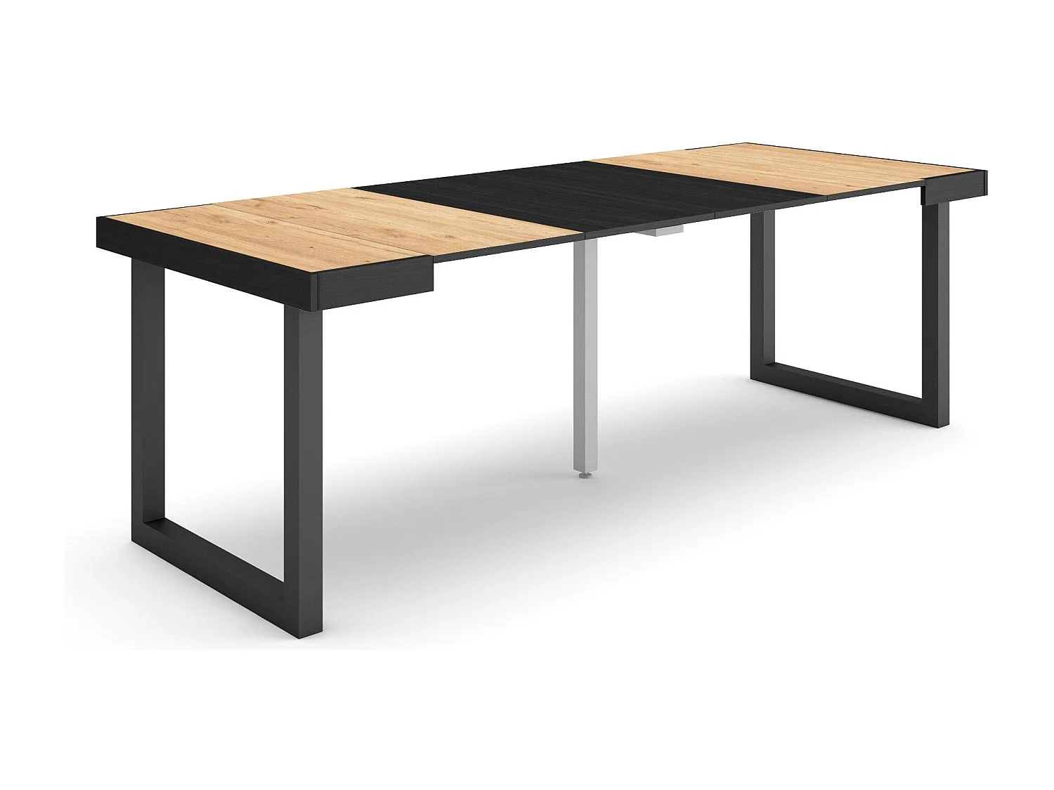 Table console extensible, 222x90x73cm, Pour 10 personnes, Pieds bois massif, Chêne et noir