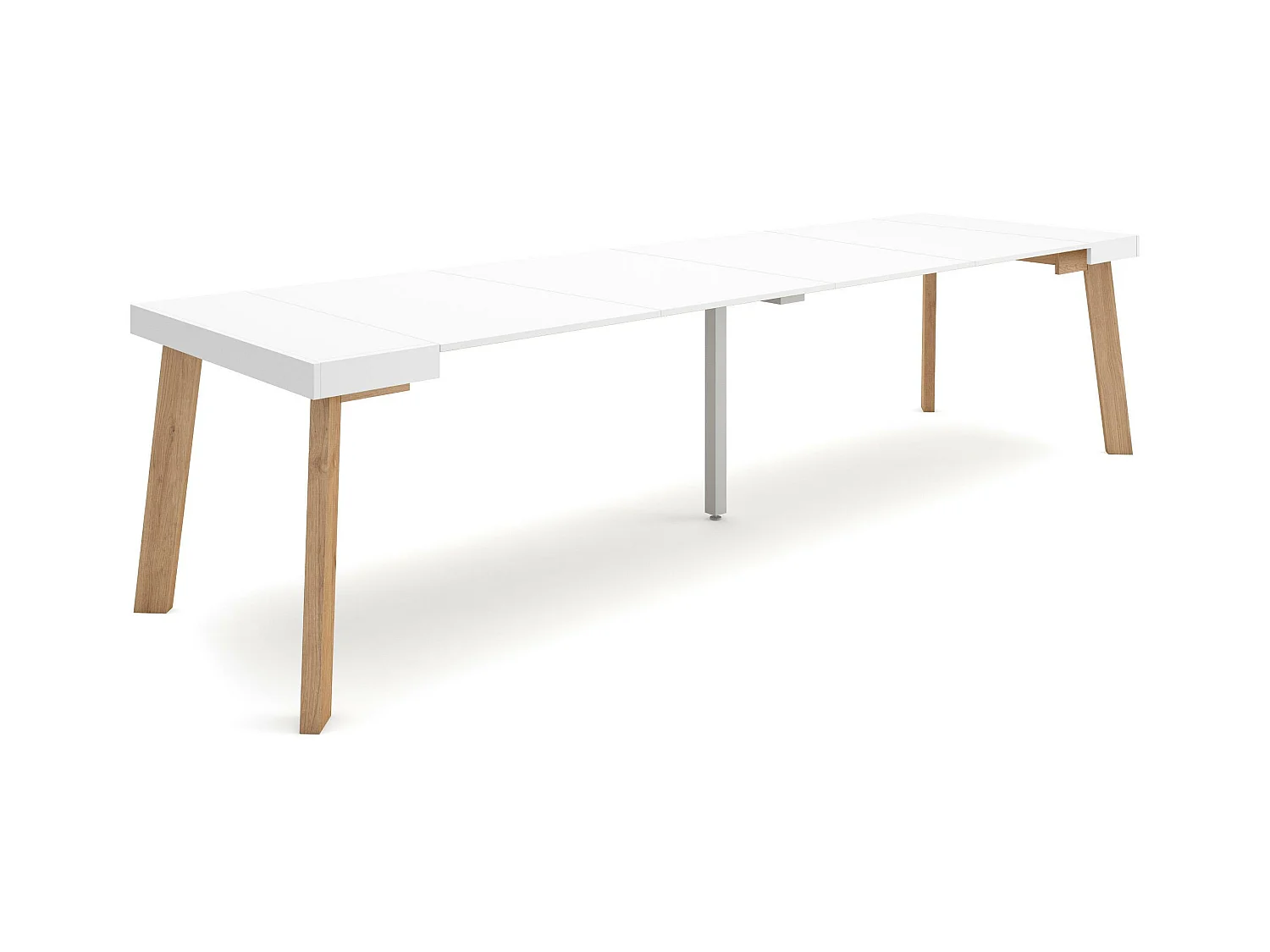 Table console extensible, 302x90x73cm, Pour 14 personnes, Pieds en bois, Blanc
