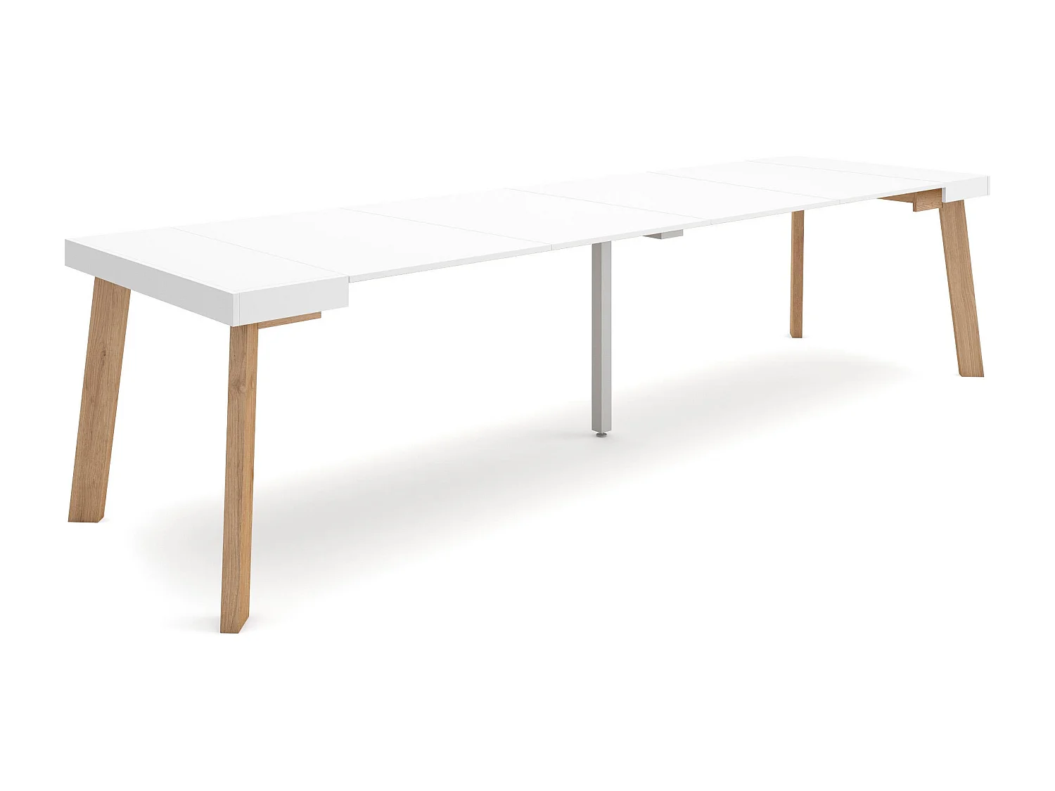 Table console extensible, 302x90x73cm, Pour 14 personnes, Pieds en bois, Blanc