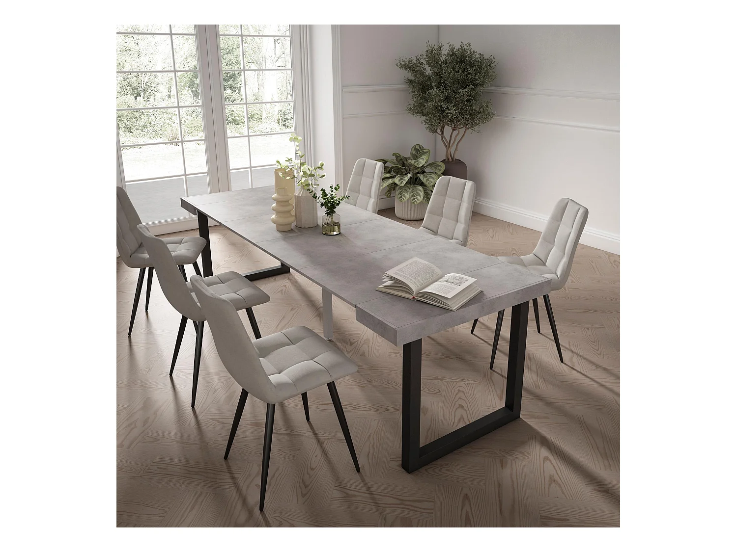 Table console extensible, 262x90x73cm, Pour 12 personnes, Pieds bois massif, Ciment