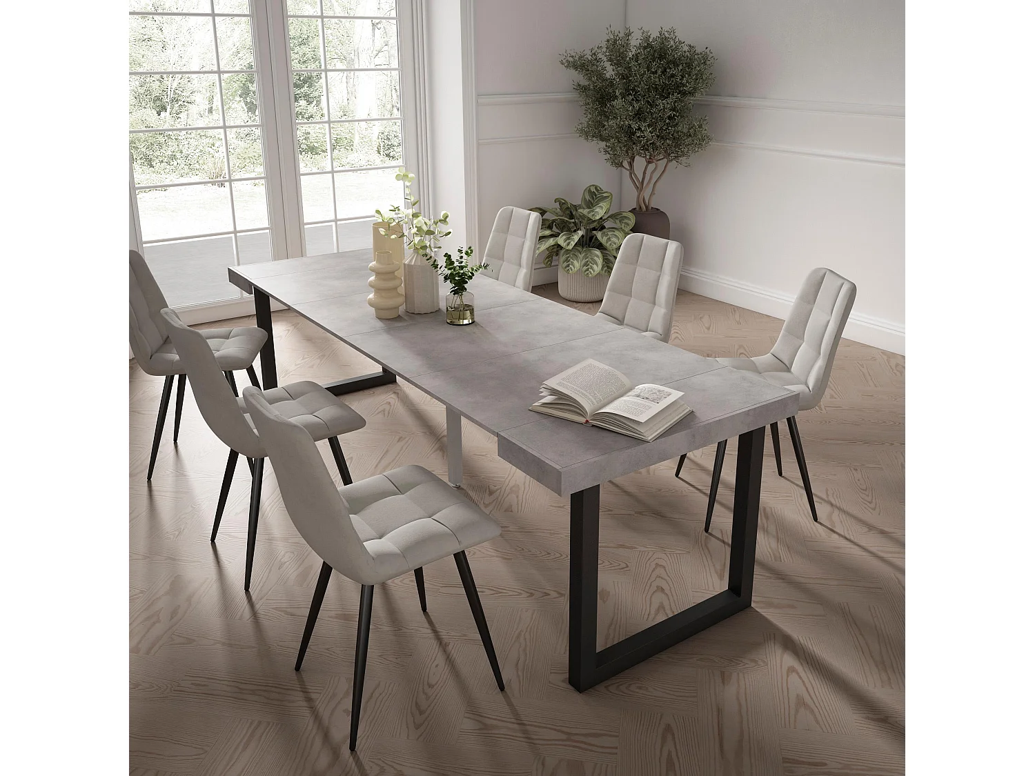 Table console extensible, 262x90x73cm, Pour 12 personnes, Pieds bois massif, Ciment