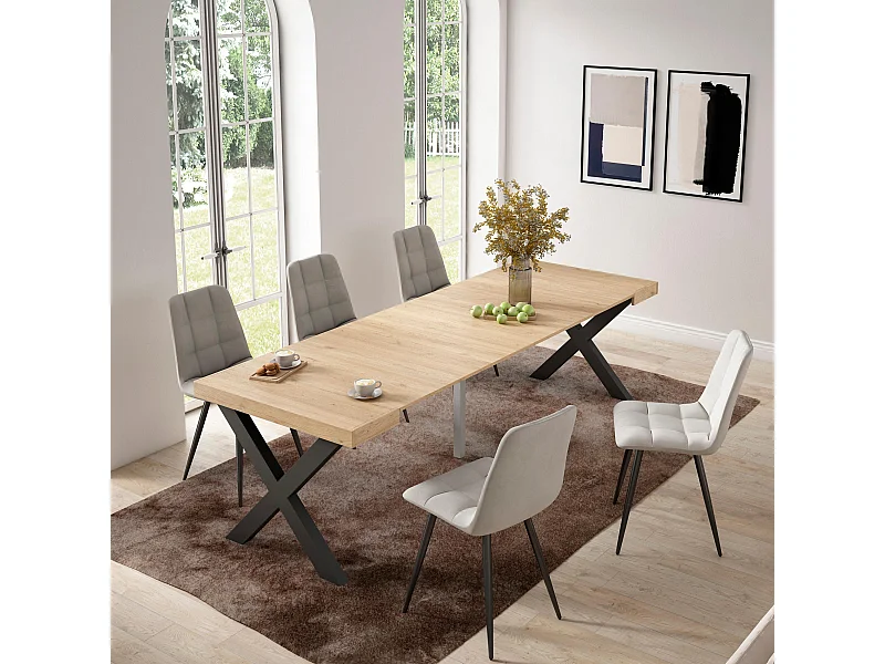 Uitschuifbare Consoletafel, 262x90x73cm, Voor 12 personen, Massief houten poten, Eiken