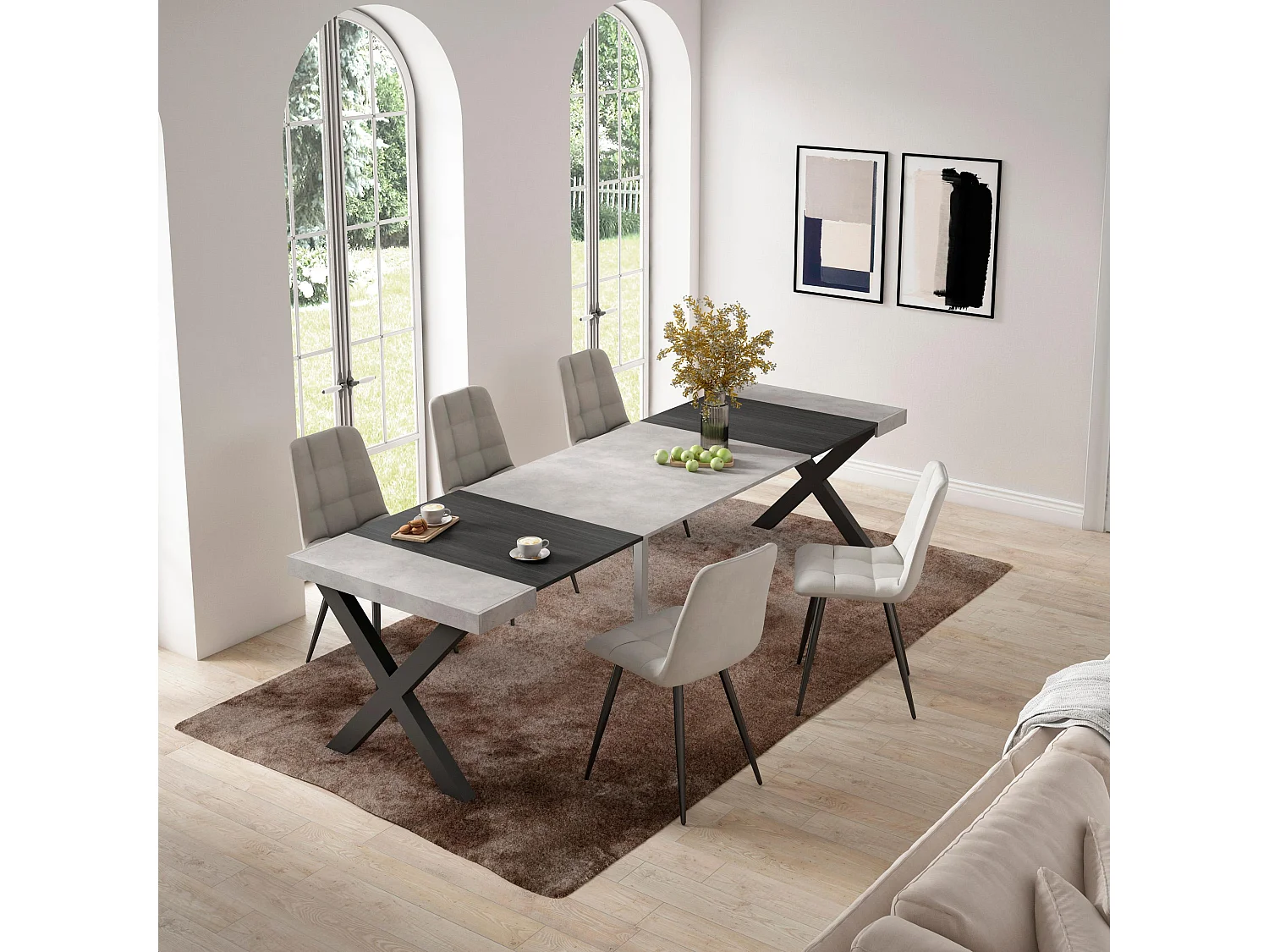 Uitschuifbare Consoletafel, 302x90x73cm, Voor 14 personen, Massief houten poten, Cement