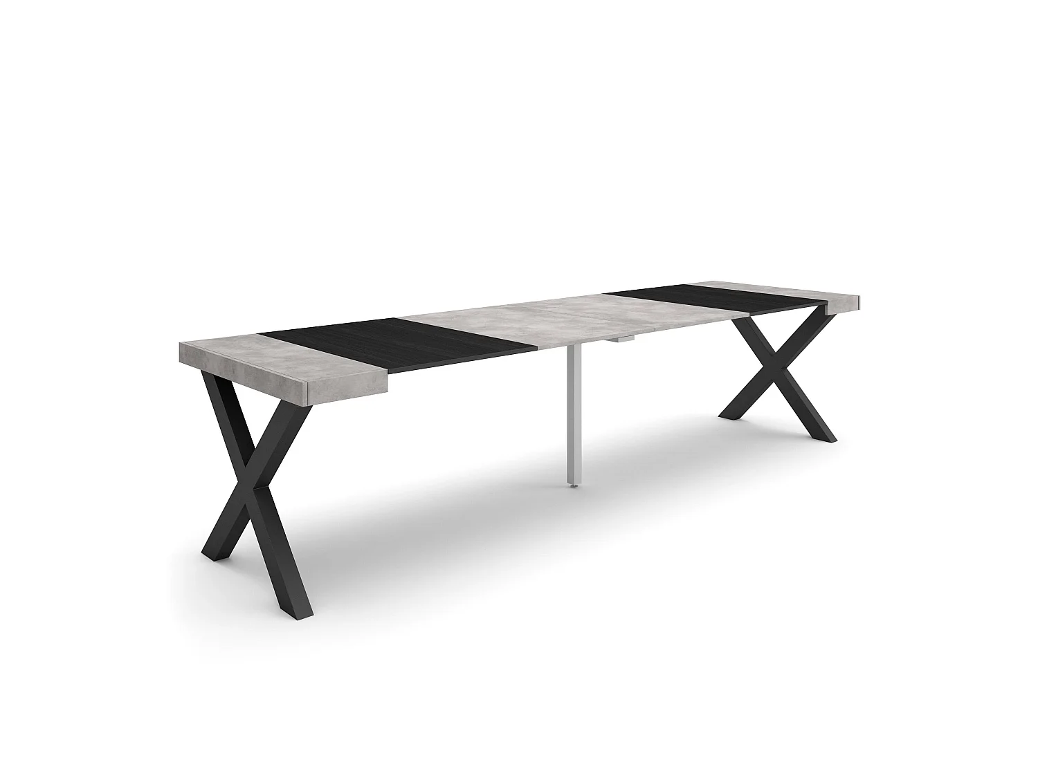 Uitschuifbare Consoletafel, 302x90x73cm, Voor 14 personen, Massief houten poten, Cement