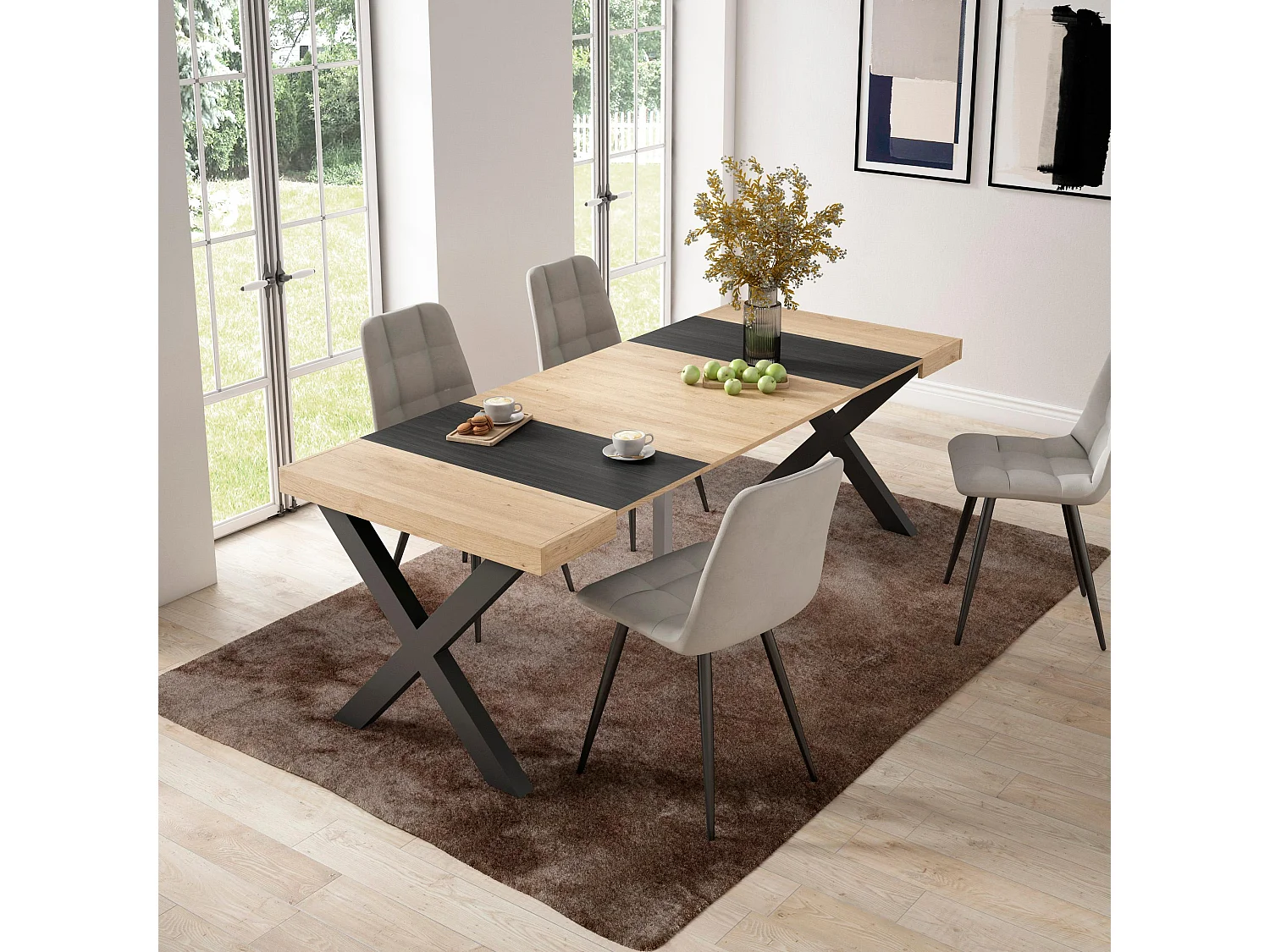 Table console extensible, 222x90x73cm, Pour 10 personnes, Pieds bois massif, Chêne et noir