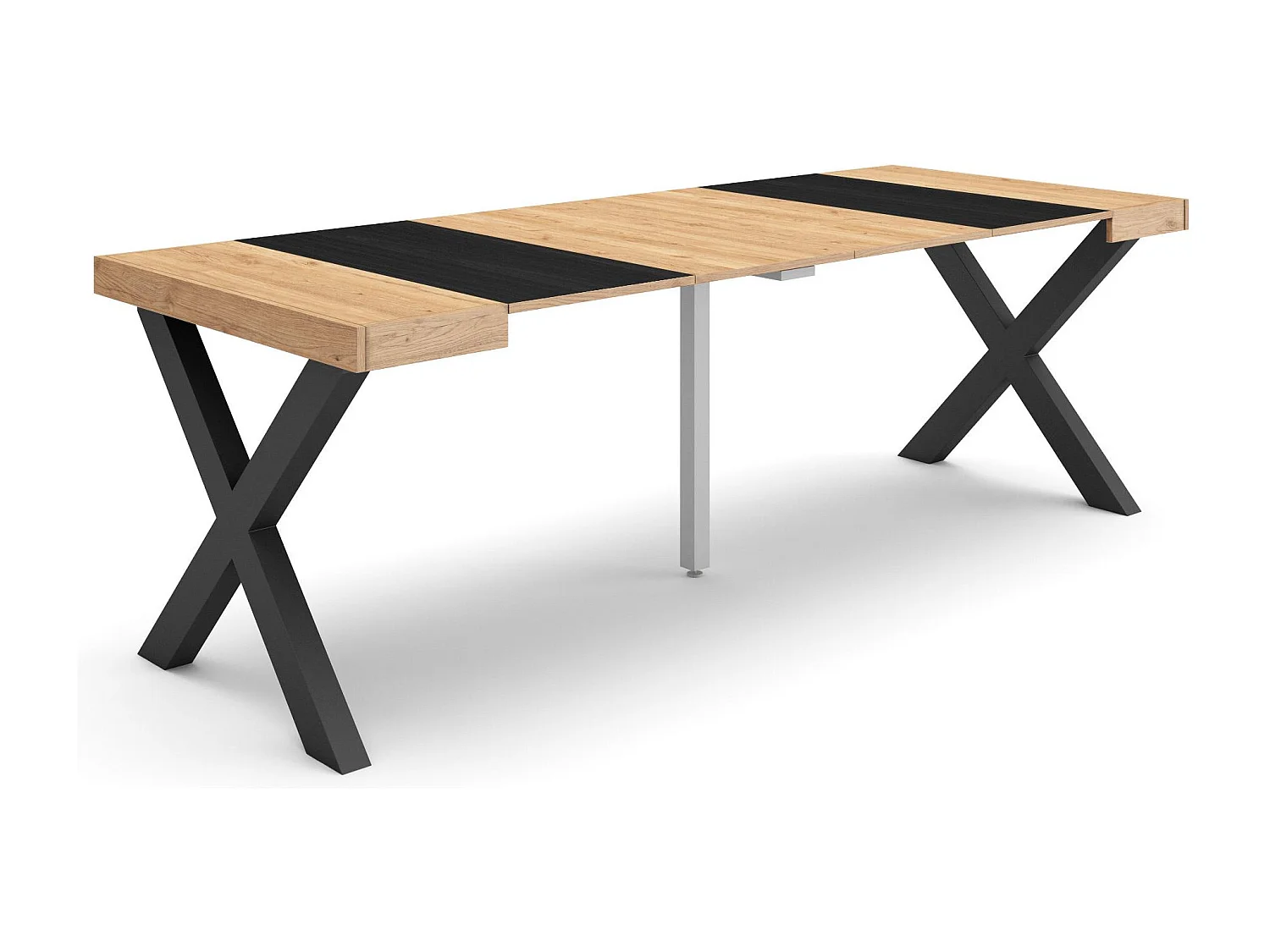 Table console extensible, 222x90x73cm, Pour 10 personnes, Pieds bois massif, Chêne et noir
