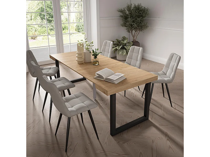 Ausziehbarertisch, 222x90x73cm, Für 10 Gäste, Massivholz Beine, Eiche