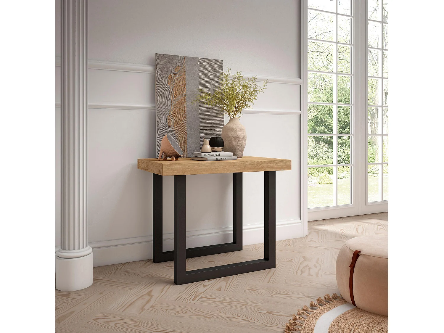 Uitschuifbare Consoletafel, 222x90x73cm, Voor 10 personen, Massief houten poten, Eiken