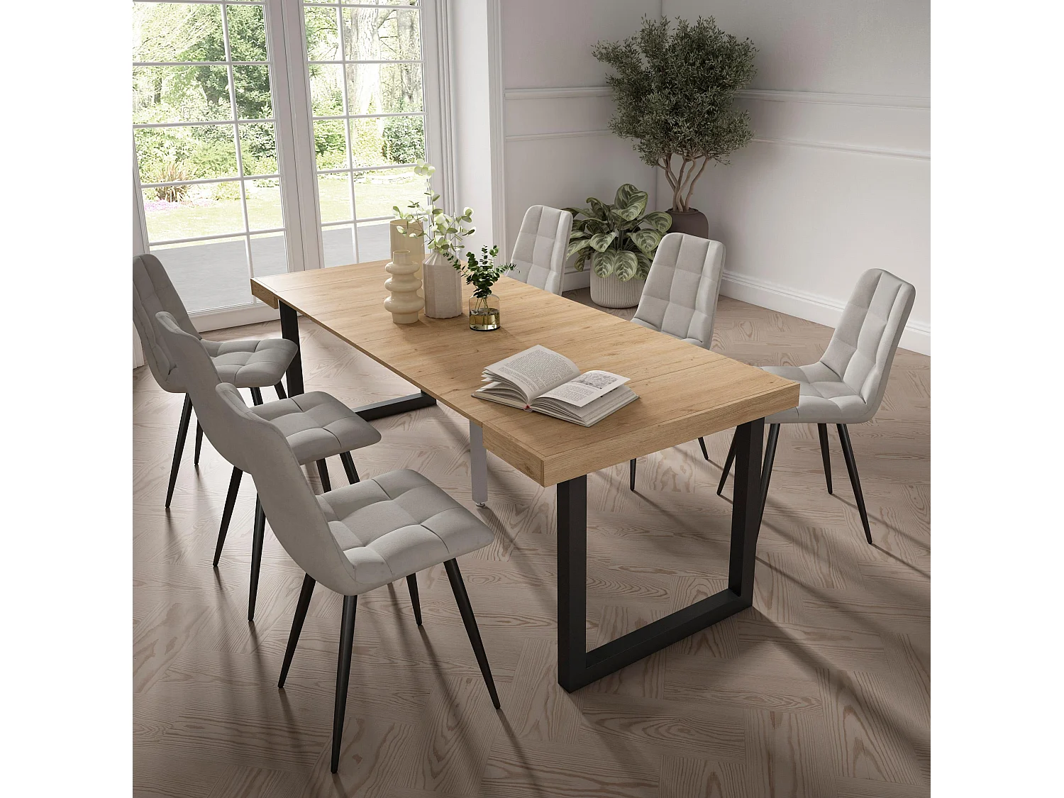 Table console extensible, 222x90x73cm, Pour 10 personnes, Pieds bois massif, Chêne