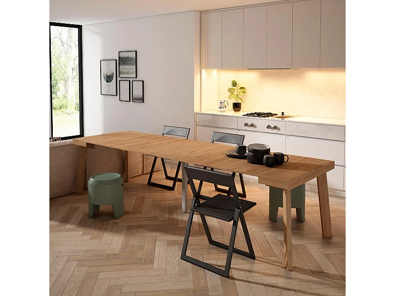 Table console extensible, 302x90x73cm, Pour 14 personnes, Pieds en bois, Chêne