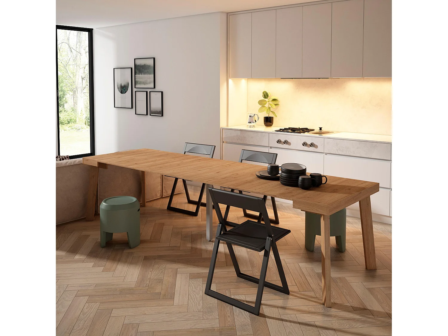 Consolle allungabile, 302x90x73cm, Per 14 persone, Gambe in legno, Rovere