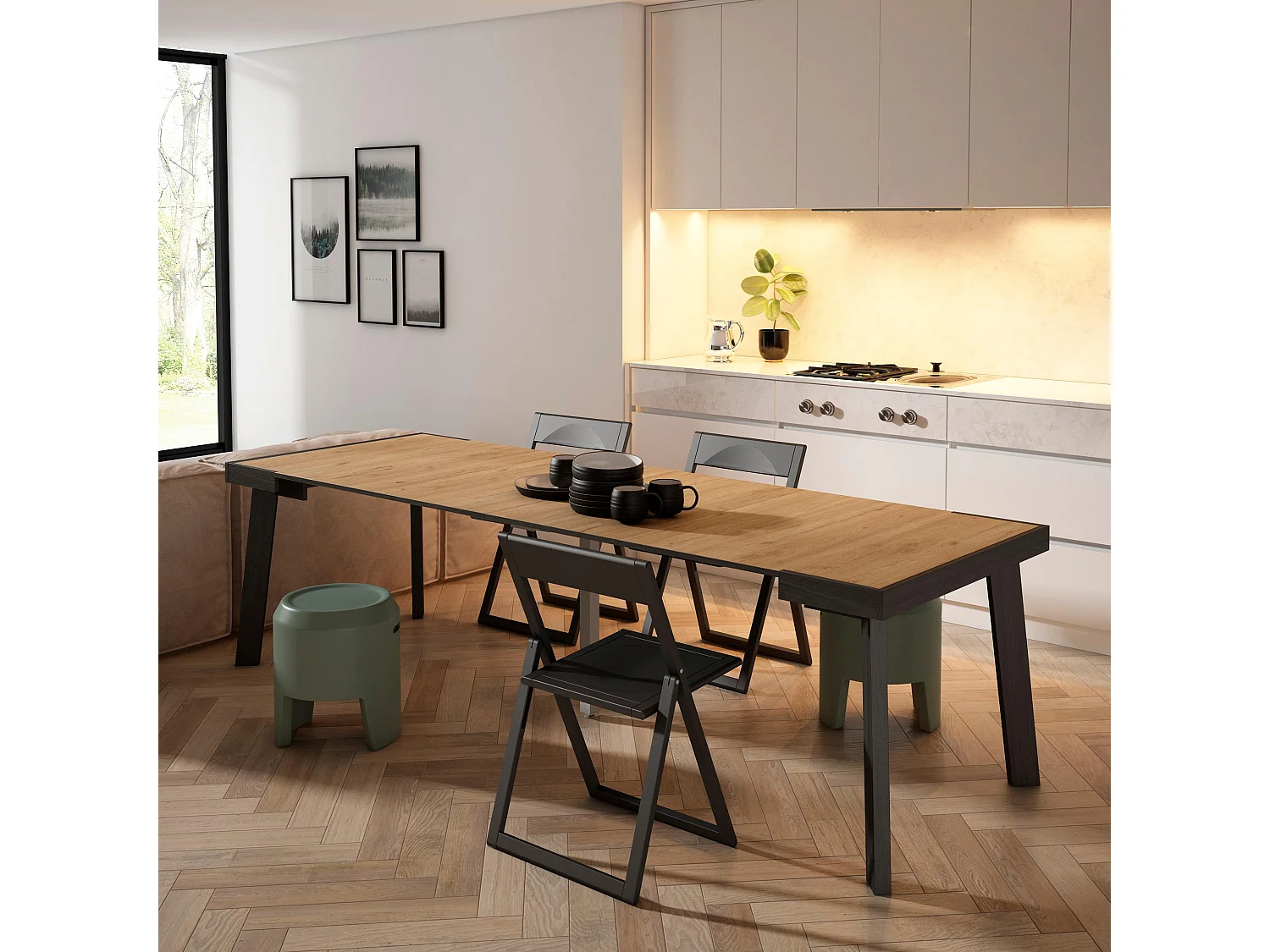 Consolle allungabile, 262x90x73cm, Per 12 persone, Gambe in legno, Rovere