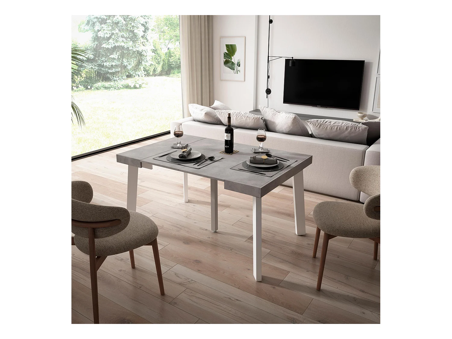 Table console extensible, 140x90x73cm, Pour 6 personnes, Pieds en bois, Ciment