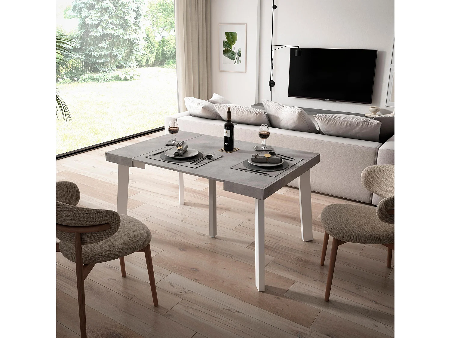 Uitschuifbare Consoletafel, 140x90x73cm, Voor 6 personen, Houten poten, Cement