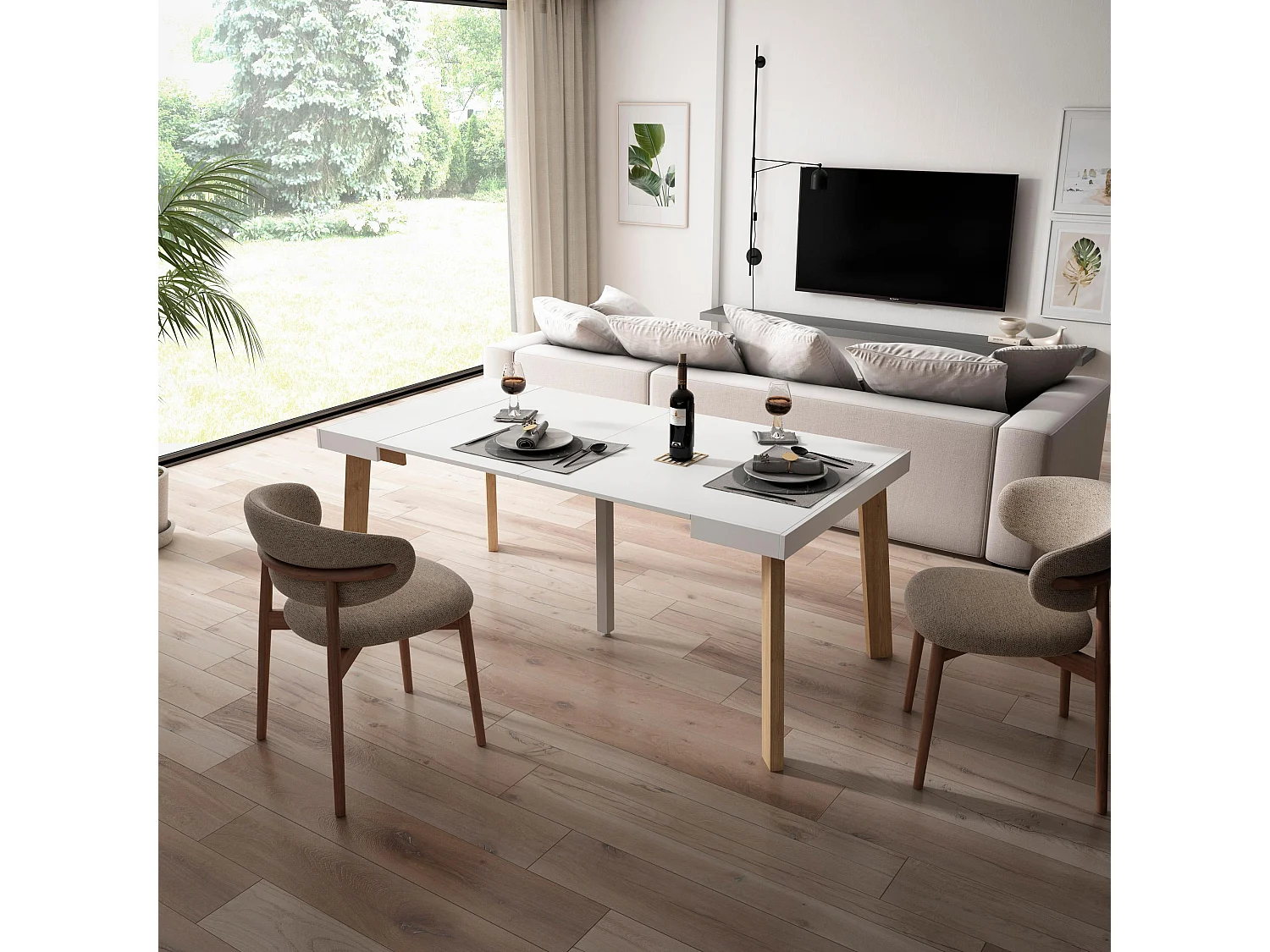 Table console extensible, 180x90x73cm, Pour 8 personnes, Pieds en bois, Blanc