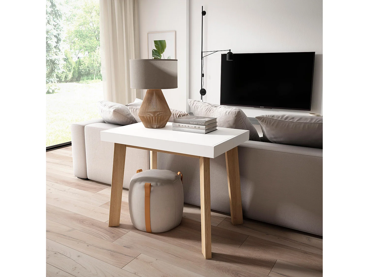 Table console extensible, 180x90x73cm, Pour 8 personnes, Pieds en bois, Blanc
