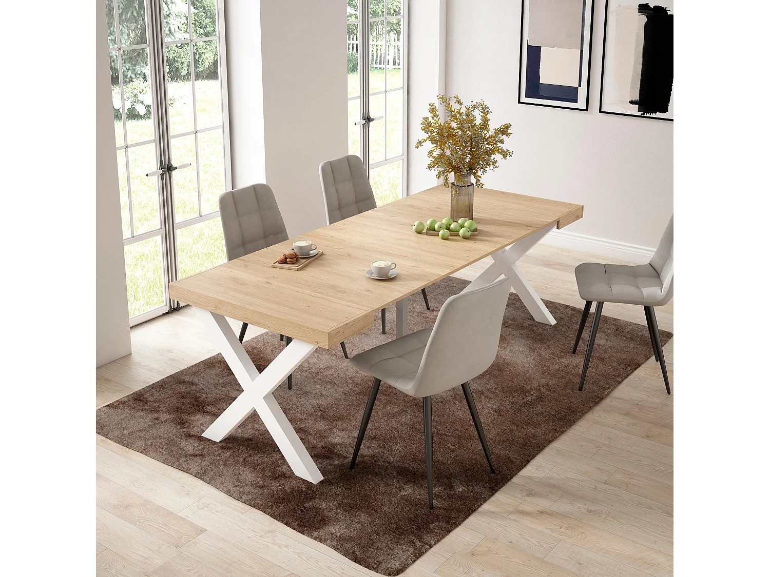 Uitschuifbare Consoletafel, 222x90x73cm, Voor 10 personen, Massief houten poten, Eiken