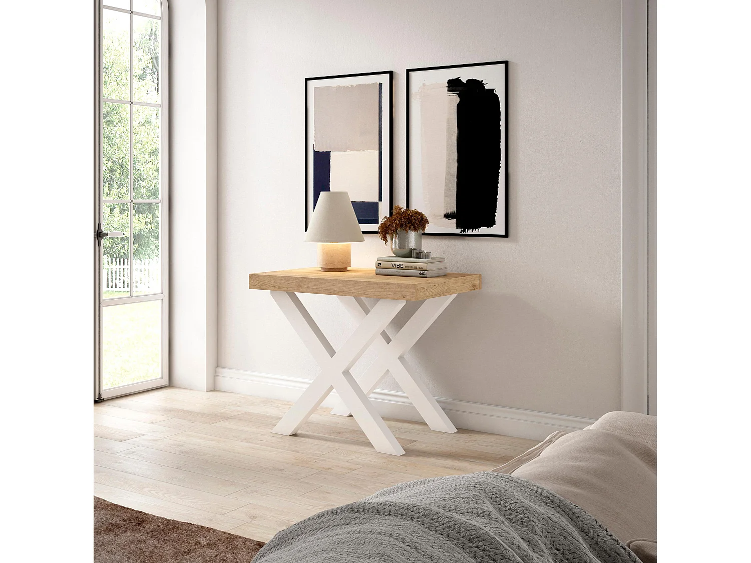 Uitschuifbare Consoletafel, 222x90x73cm, Voor 10 personen, Massief houten poten, Eiken