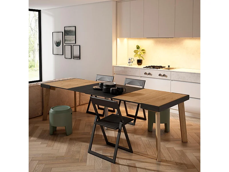 Mesa Consola extensible, 262x90x73cm, Para 12 comensales, Patas de madera, Roble y negro