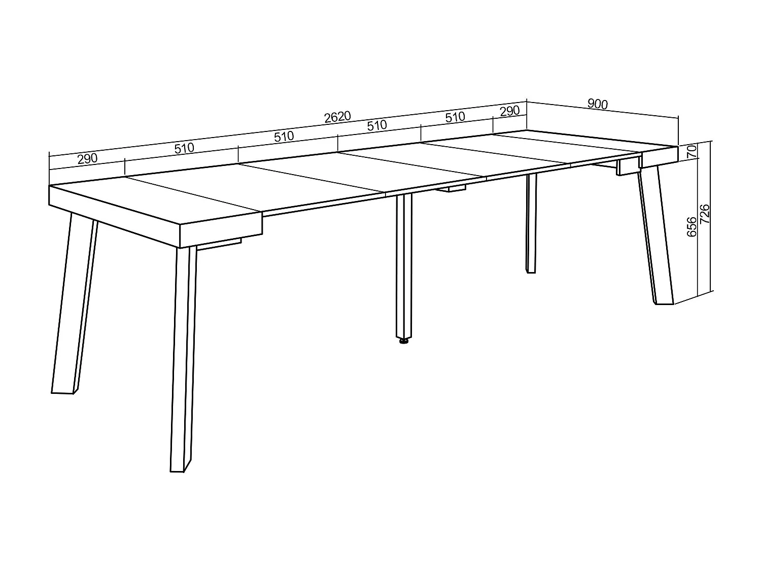 Uitschuifbare Consoletafel, 262x90x73cm, Voor 12 personen, Houten poten, Eiken/Zwart