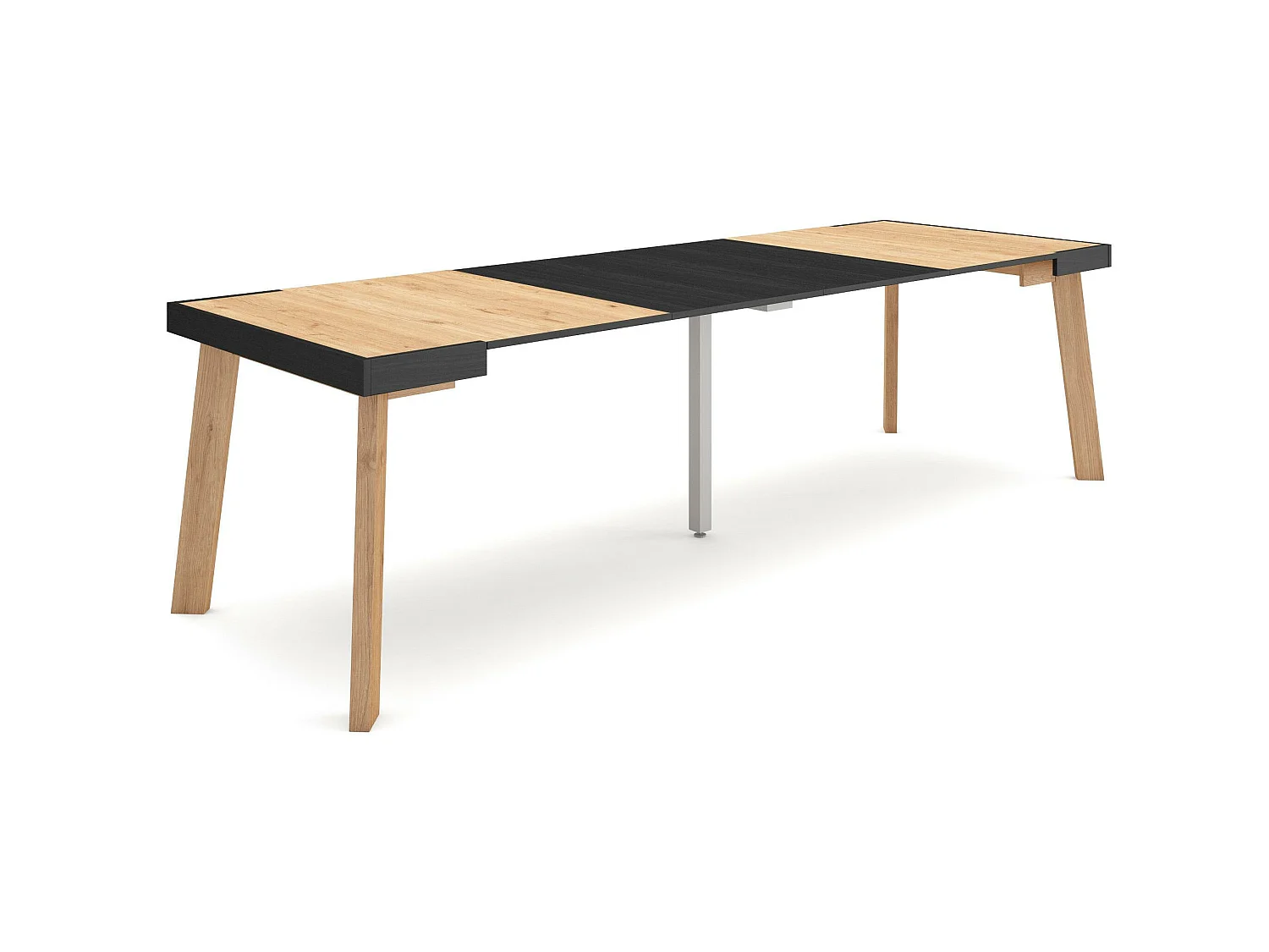 Table console extensible, 262x90x73cm, Pour 12 personnes, Pieds en bois, Chêne et noir