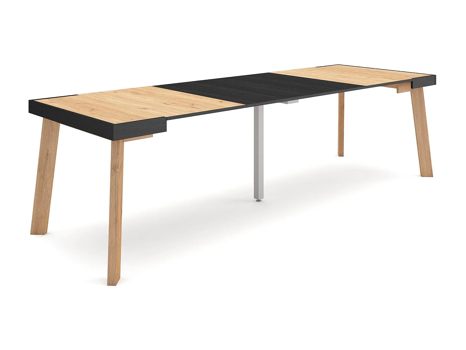 Table console extensible, 262x90x73cm, Pour 12 personnes, Pieds en bois, Chêne et noir