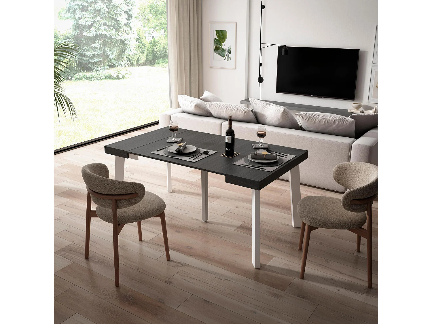 Uitschuifbare Consoletafel, 160x90x73cm, Voor 8 personen, Houten poten, Zwart