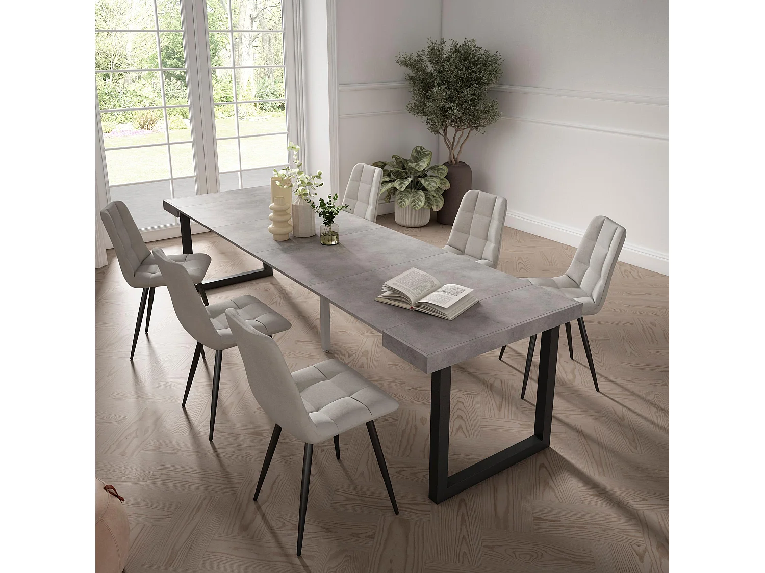 Mesa Consola Extensível, 302x90x73cm, Para 14 pessoas, Pés de madeira, Cimento