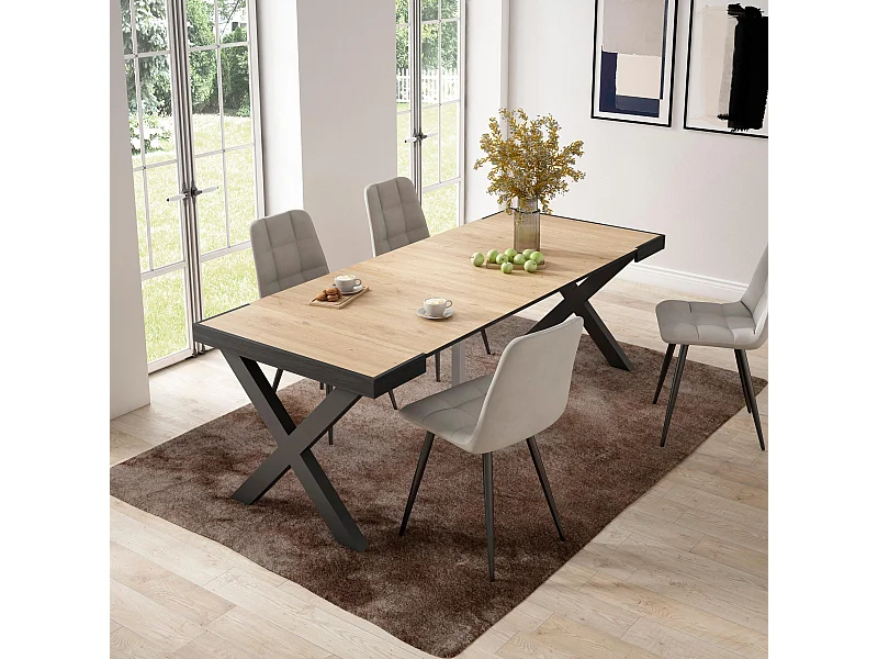 Uitschuifbare Consoletafel, 222x90x73cm, Voor 10 personen, Massief houten poten, Eiken/Zwart