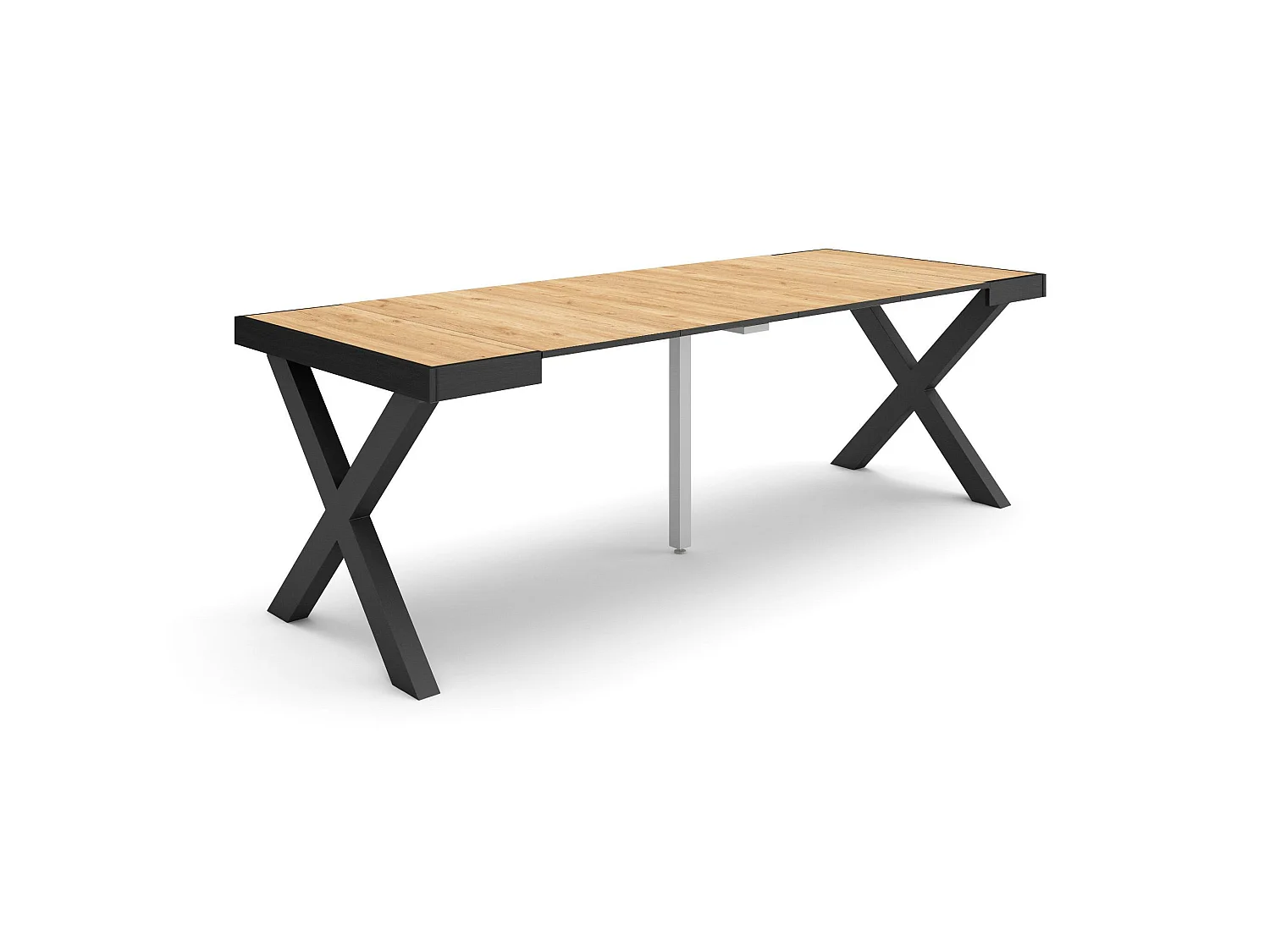 Table console extensible, 222x90x73cm, Pour 10 personnes, Pieds bois massif, Chêne et noir