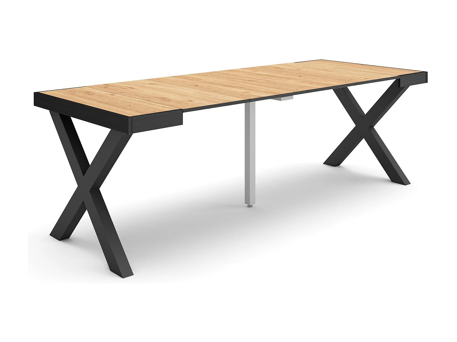 Table console extensible, 222x90x73cm, Pour 10 personnes, Pieds bois massif, Chêne et noir
