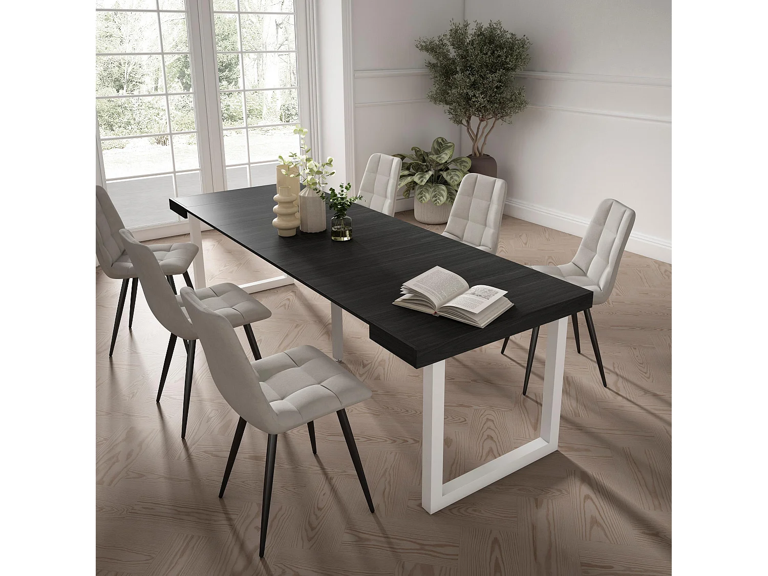 Uitschuifbare Consoletafel, 262x90x73cm, Voor 12 personen, Massief houten poten, Zwart