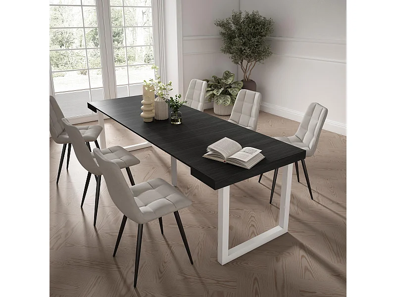 Uitschuifbare Consoletafel, 262x90x73cm, Voor 12 personen, Massief houten poten, Zwart