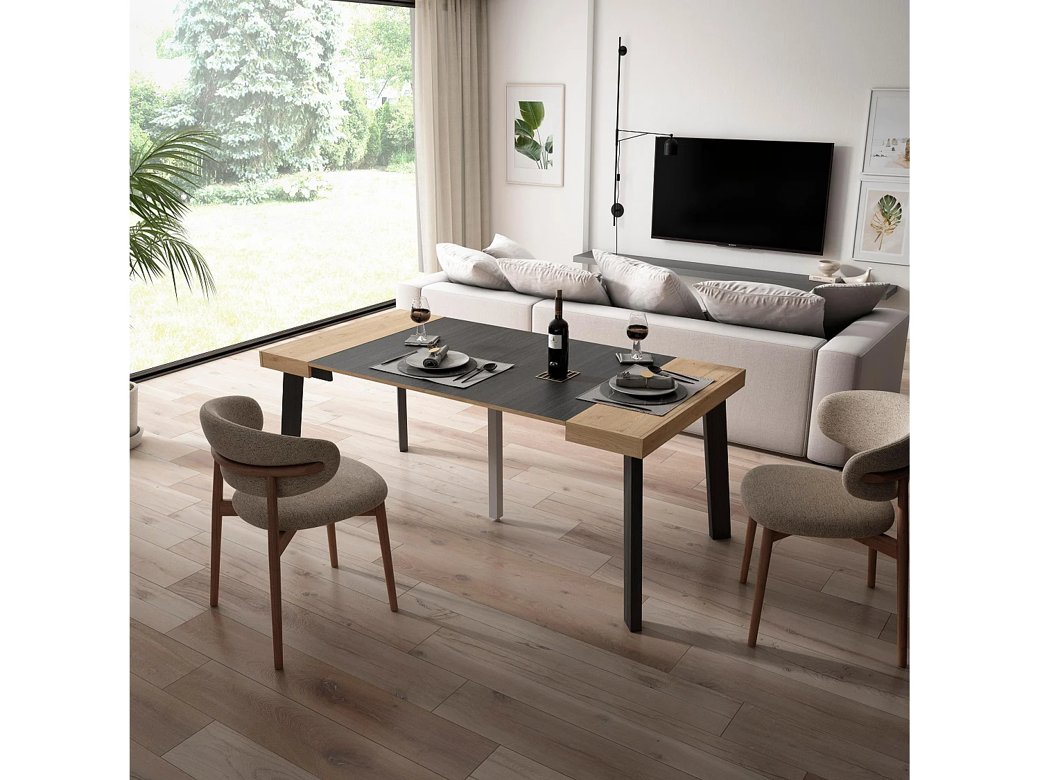 Consolle allungabile, 180x90x73cm, Per 8 persone, Gambe in legno, Rovere e nero