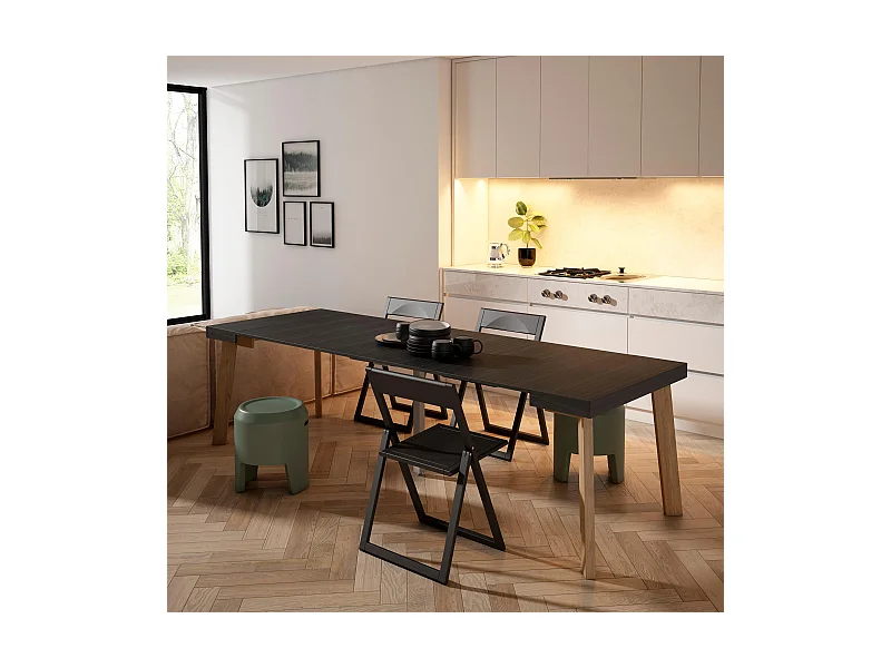 Ausziehbarertisch, 262x90x73cm, Für 12 Gäste, Hölzerne Beine, Schwarz