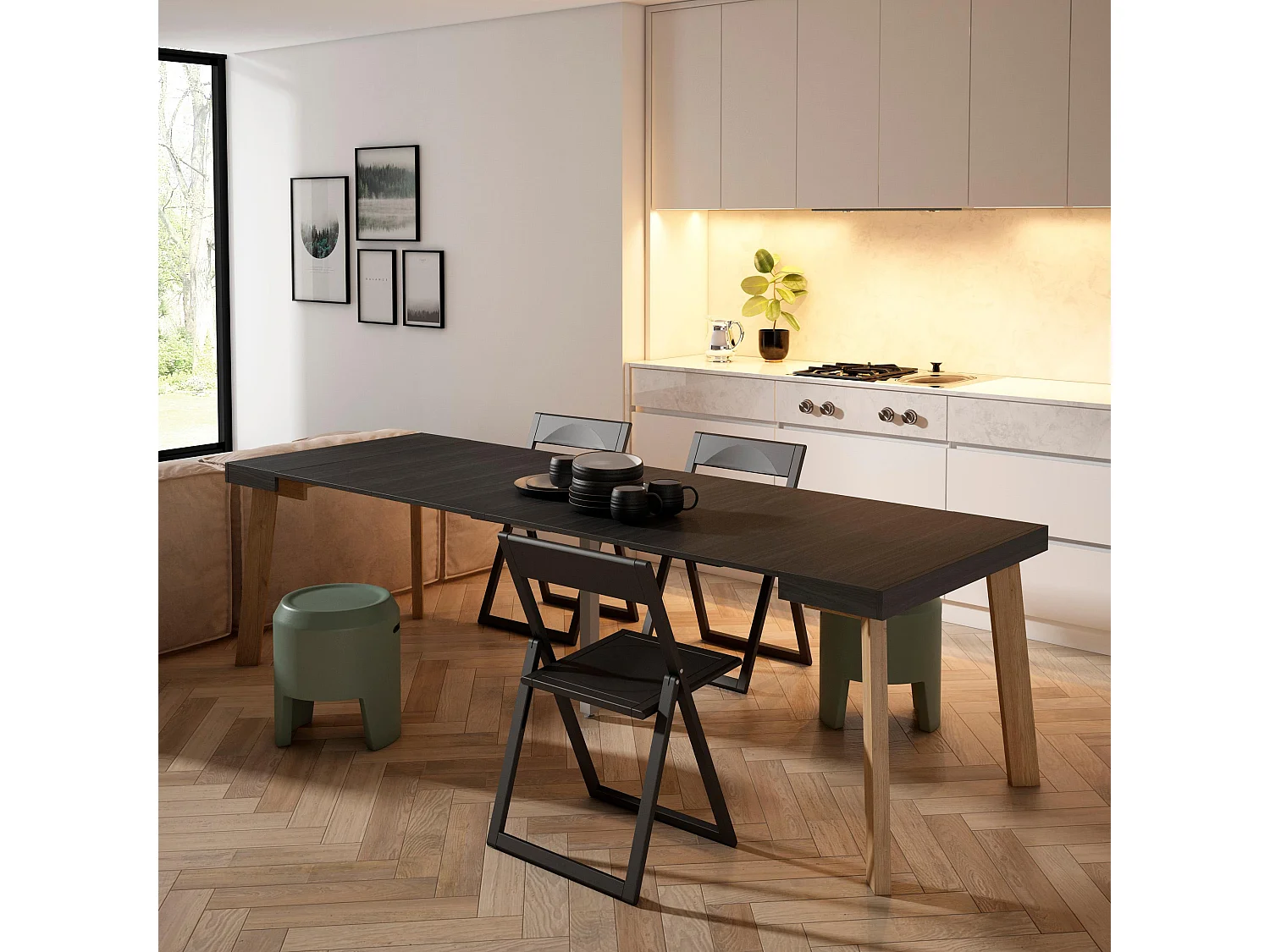 Table console extensible, 262x90x73cm, Pour 12 personnes, Pieds en bois, Noir