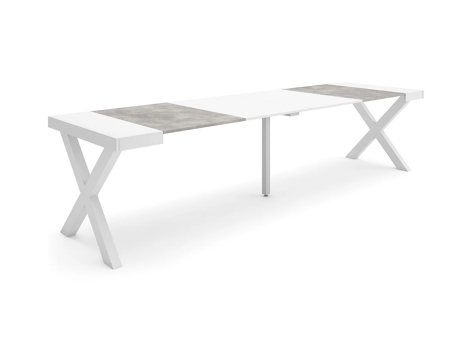 Table console extensible, 302x90x73cm, Pour 14 personnes, Pieds bois massif, Blanc et ciment