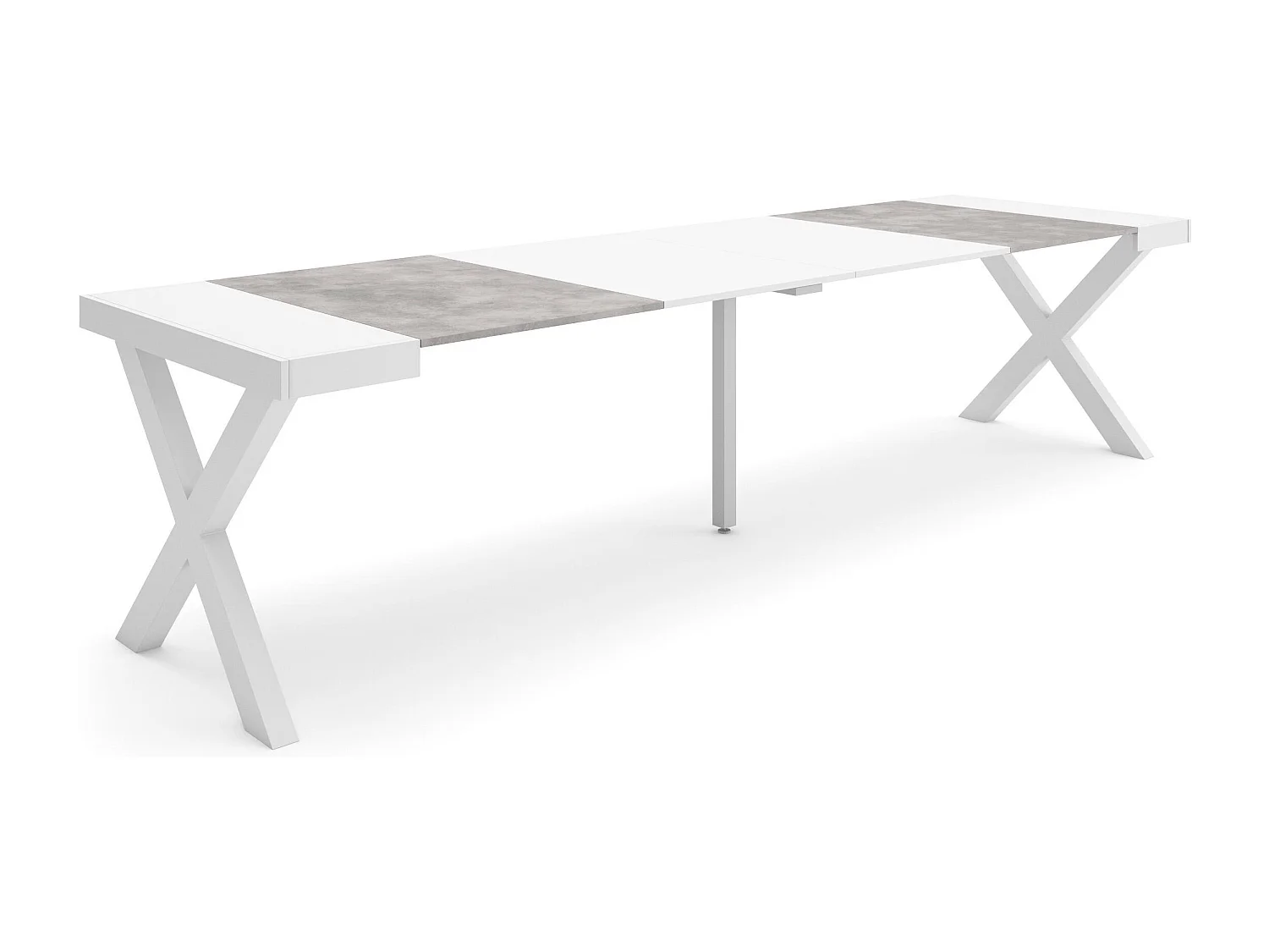 Table console extensible, 302x90x73cm, Pour 14 personnes, Pieds bois massif, Blanc et ciment