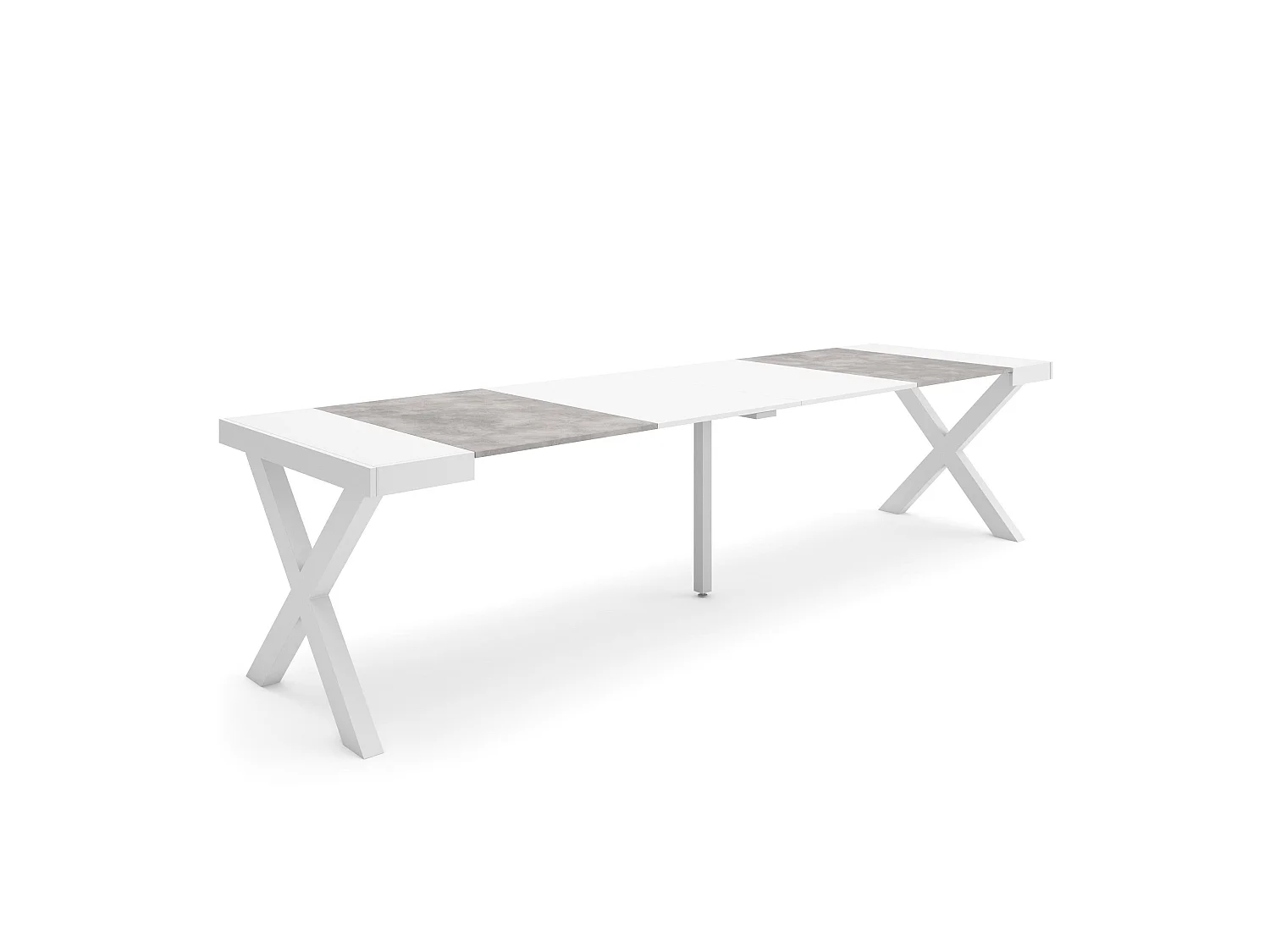 Table console extensible, 302x90x73cm, Pour 14 personnes, Pieds bois massif, Blanc et ciment