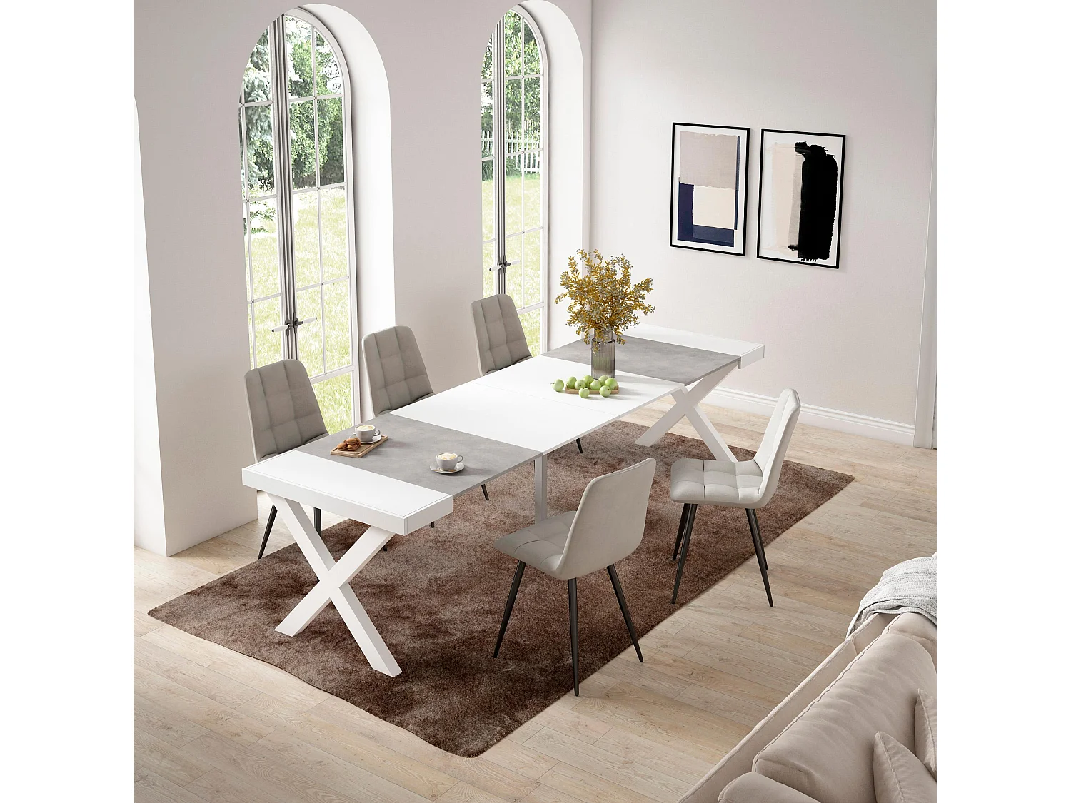 Table console extensible, 302x90x73cm, Pour 14 personnes, Pieds bois massif, Blanc et ciment