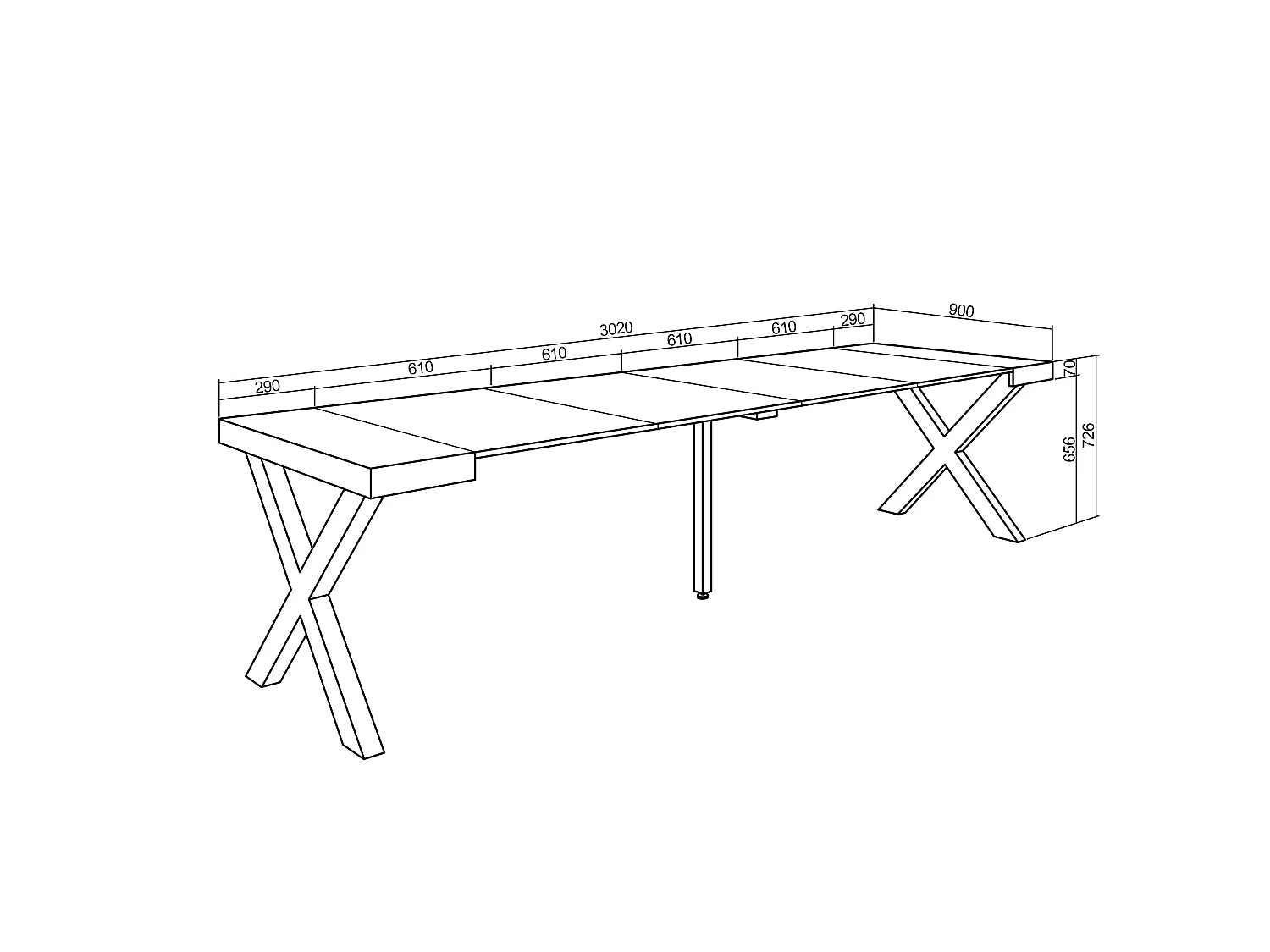 Table console extensible, 302x90x73cm, Pour 14 personnes, Pieds bois massif, Blanc et ciment